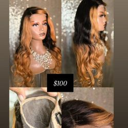26"black  Honey Blonde Ombre New Human Hair Wig  Full Lace 4x4 Frontal
