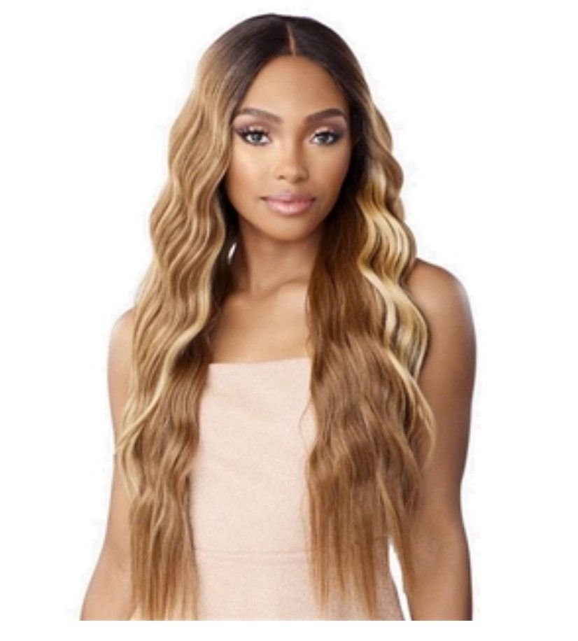 Lovely Soft Honey Caramel Blonde With Highlights Crimp Wave Lace Center Part Wig