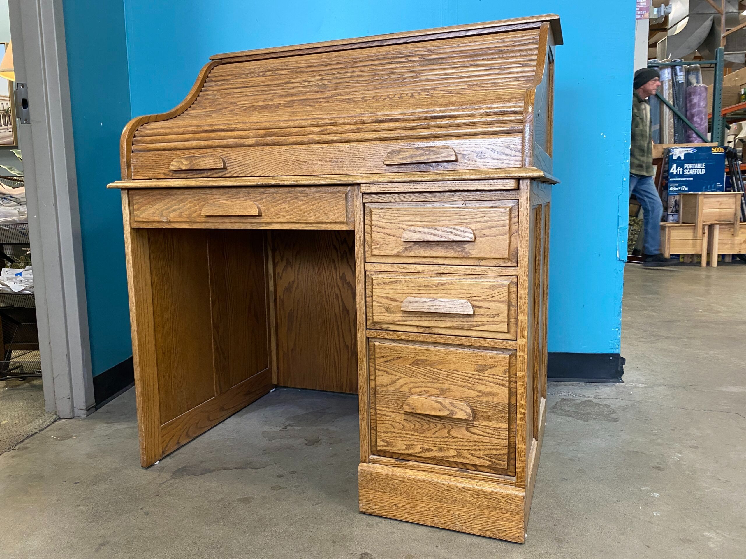 Vintage Wooden Roll Top Writing Desk with Divided Drawers