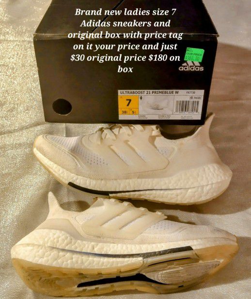 Brand New Ladies Size 7 White Adidas Sneakers In Original Box With Price Tag On It Original Price Tag