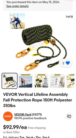 VEVOR Vertical Lifeline Assembly Fall Protection Rope 150ft Polyester 310lbs