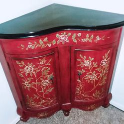 VINTAGE VICTORIAN PAINTED BOMBAY FLORAL FLOWER ROSE WOOD MARBLE ACCENT TABLE CORNER SHELF CABINET