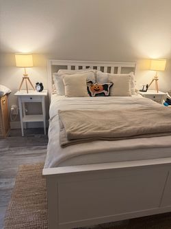 Queen Bedroom Furniture Set: bed frame, 2 nightstands, and 2 lamps (NO MATTRESS)
