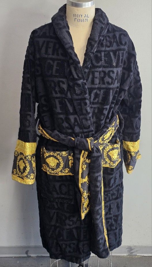 Versace I Heart Baroque Cotton Bath Robe Size S Black And Slippers With Box