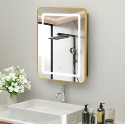 24 x 30 Inch Medicine Cabinet Mirror with LED Lights, Gold Bathroom Medicine Cabinet with Mirror and Storage, Recessed or Wall Mount, 3 Color Temperat