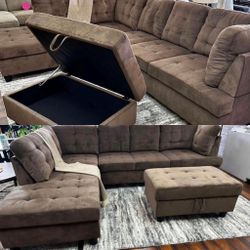 COSTCO Brown chenille sectional couch and ottoman