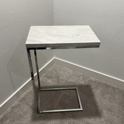 C-Shaped Sofa Side Table End Table, White Marble Printed Silver Finishes