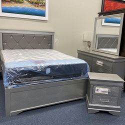 Queen Silver Bedroom Set ( Bed Frame, Dresser, Mirror And One Nightstand )