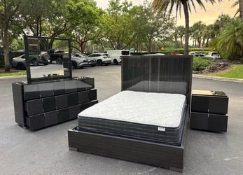 Queen Black/Grey Bedroom Set – Mattress, Box Spring, Frame, Headboard, Nightstand, Dresser, Mirror