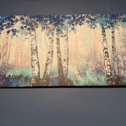 Large White Birch Forest Wall Art Decor Canvas Picture Print Blue Green Tree Blue Maple Leaf Plant Living Room Bedroom Bathroom Office Modern Framed A