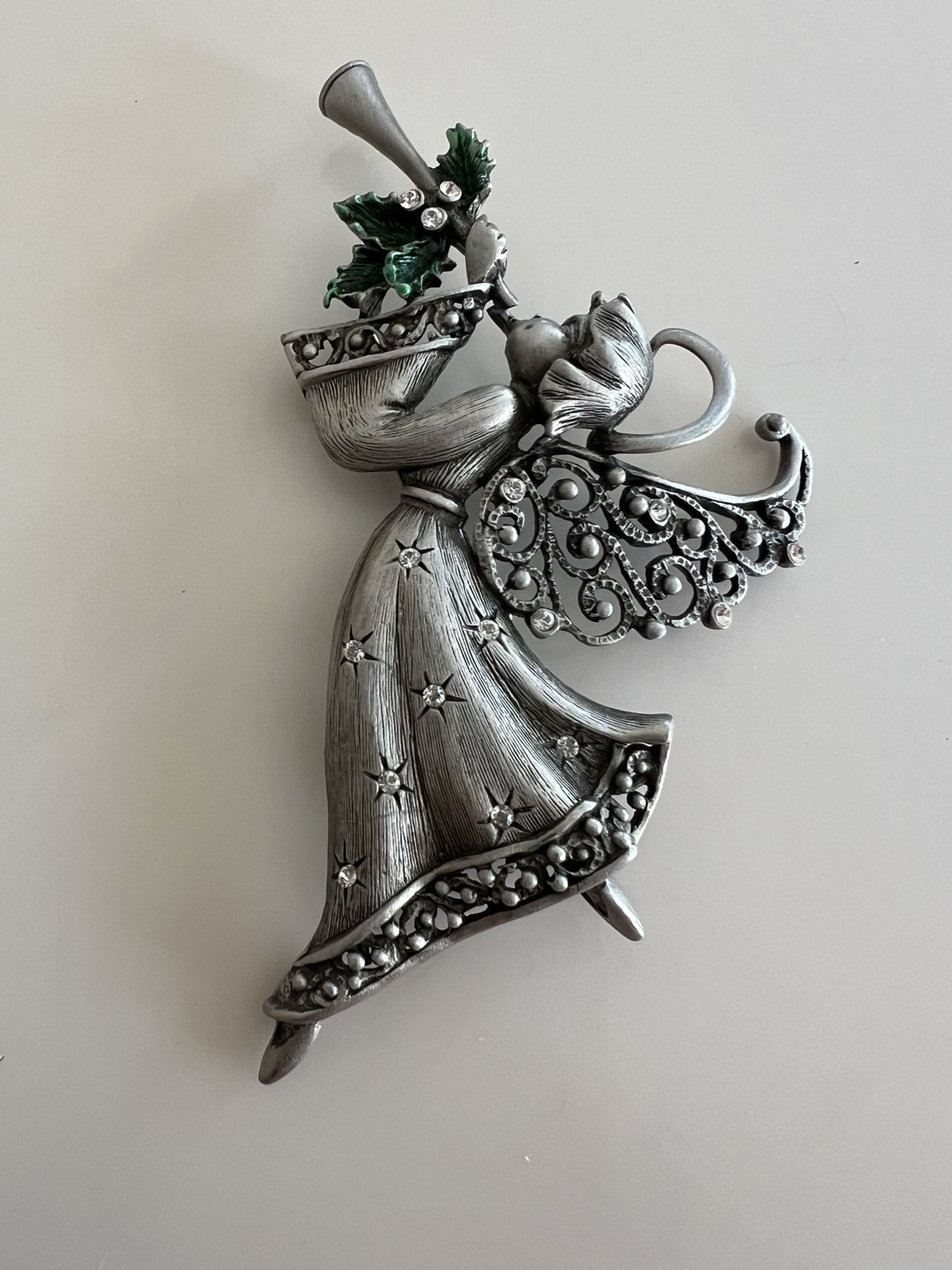Vintage 1970's JJ Jonette Jewelry Pewter Christmas Holiday Angel 3.5" Brooch Pin
