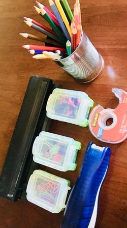 Office Supplies: stapler, colored pencils, poster tape, 3 hole punch, paper clips, etc