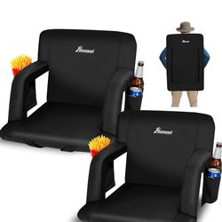 Romswi 2 Pack Etra Wide Backpack Reclining Stadium Seat with Armrests, 6 Adjustable Angle & Hidden Hooks, Bleacher Chair with Padded Backpack Straps &