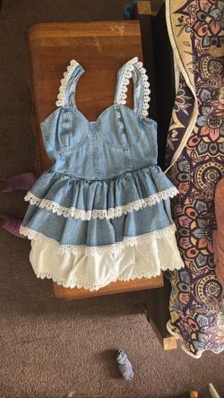 Cute Blue, Jean And Eyelet Ruffle Dress