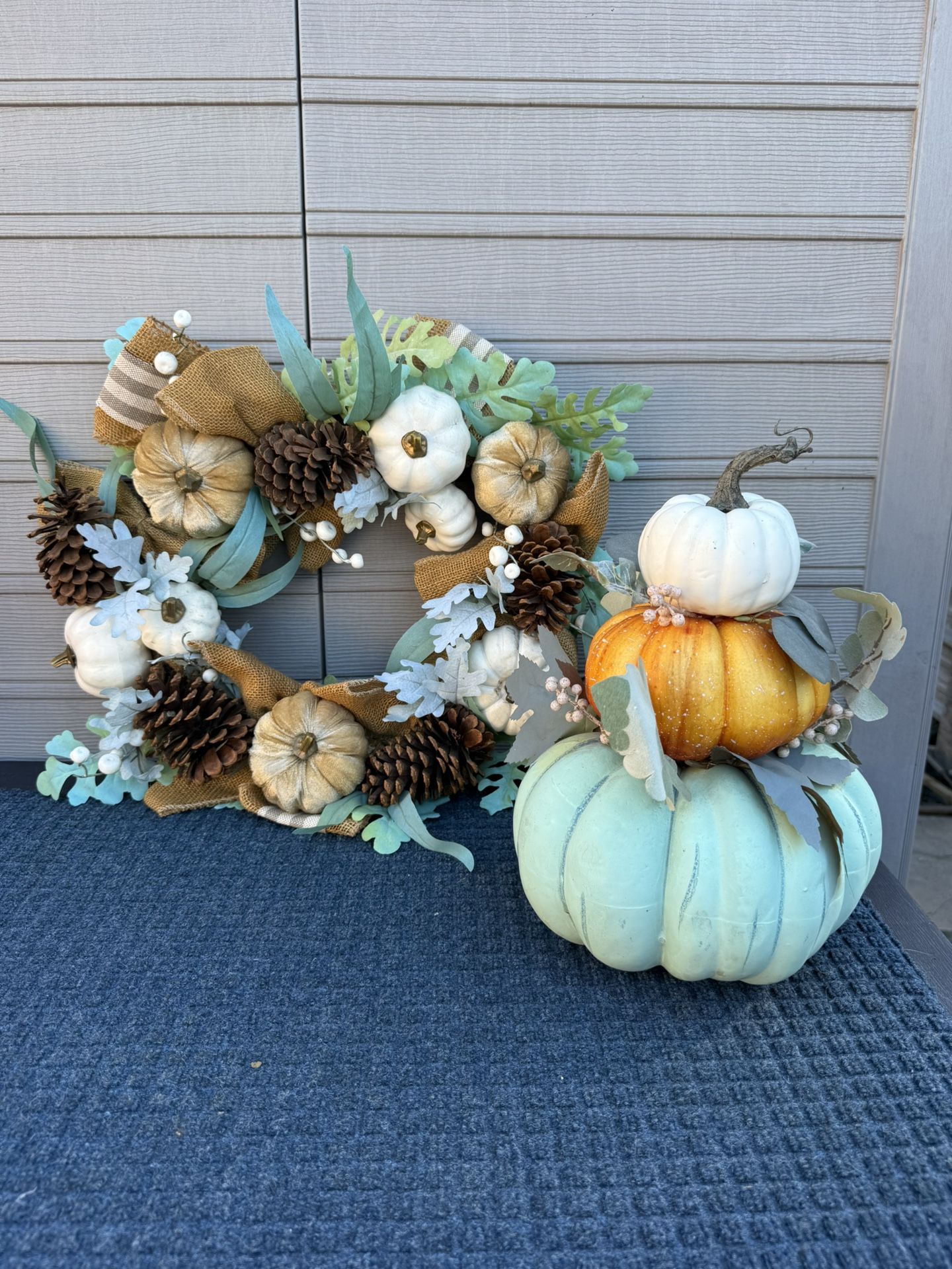 Fall / Autumn Wreath and Triple Pumpkin Decoration 