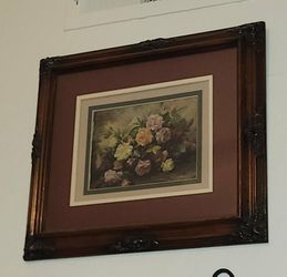 VINTAGE ORNATE VICTORIAN WOODEN FRAMED FLORAL FLOWER ROSE BOUQUET ANTIQUE PICTURE