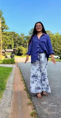 PRE-OWNED Umgee Two-Toned Toile Landscape Print Pull-On Scalloped-Trim Pant S