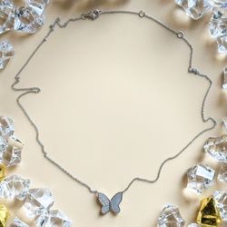 Diamond Butterfly With Mother Of Pearl Necklace 14K White Gold 