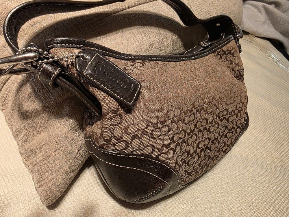 CC Coach Brown Canvas With Leather Trim Handbag Purse Tote 10" X 7"