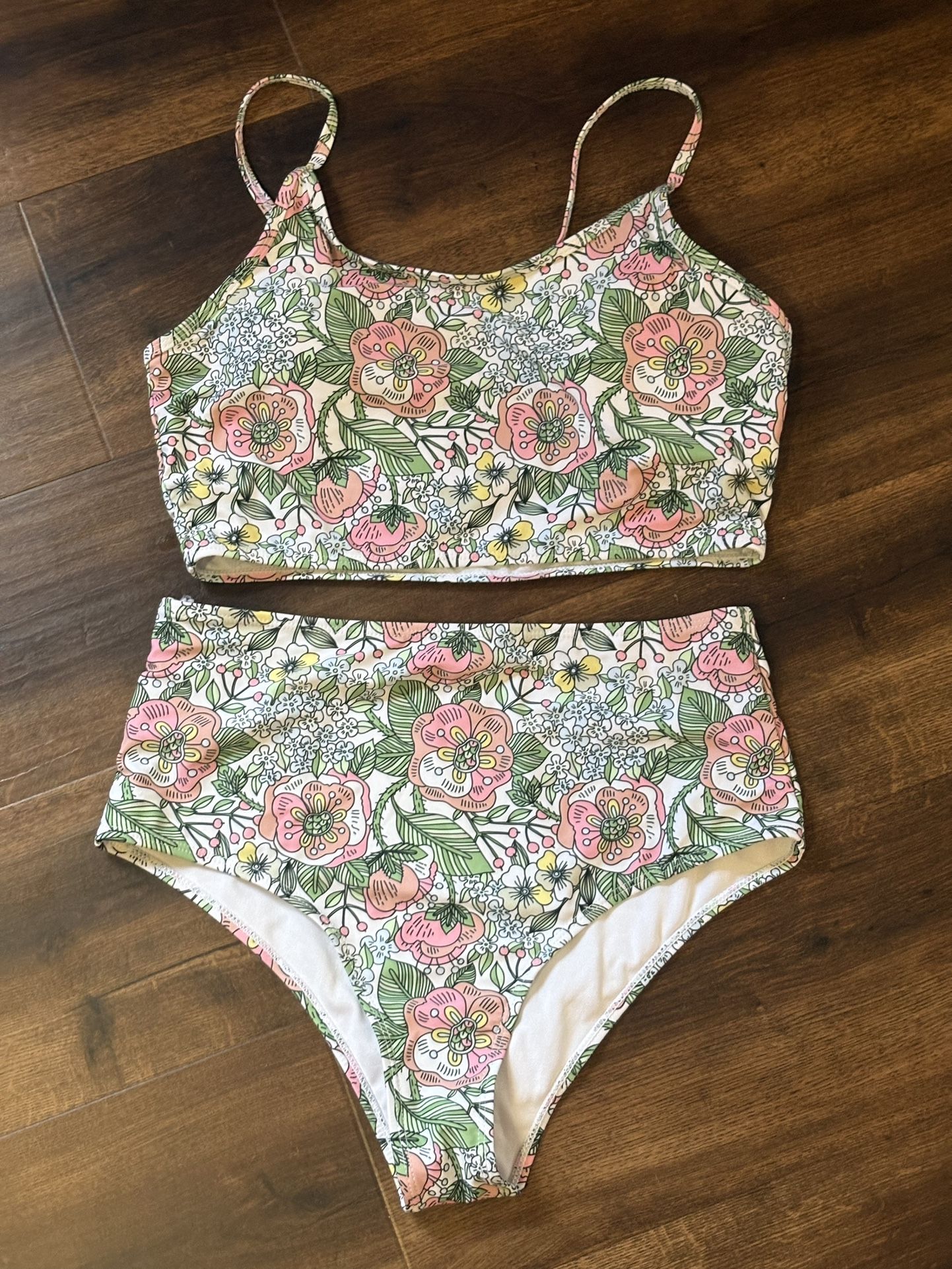 Pink and Green Floral Bikini Set with Vintage Charm