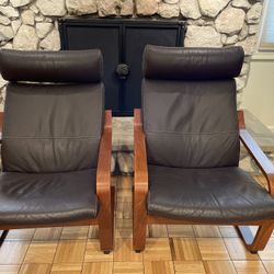 Pair of IKEA Poang Brown Leather & Wood Chairs