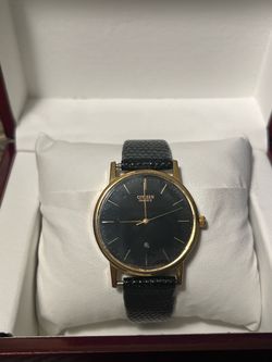 Vintage Citizen Quartz Dress Watch - Gold Tone Slim Case with Black Dial & Date