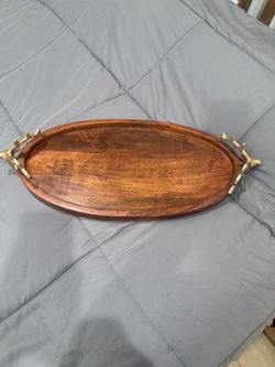 Unique Vintage Wooden Oval Plateau - Gold Deer Antler Handles