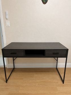 Black Wood Desk with Drawers and Storage Shelf