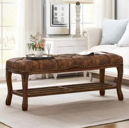 45.3 in. JULIO Yellow Brown Color Faux Leather Wood Frame Button-tufted Cushion Armless Bench With Storage Rack