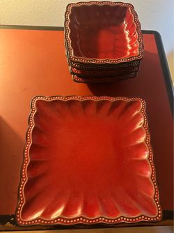 Stoneware dish set, four bowls, three plates