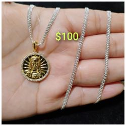 925 Sterling Silver Chain With The Pendant/Cadena Con Medalla De El Sagrado Corazón De Jesus De Plata 925