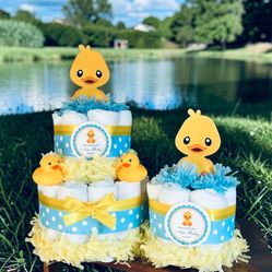 RUBBER DUCKY DUCK blue yellow baby shower diaper cakes