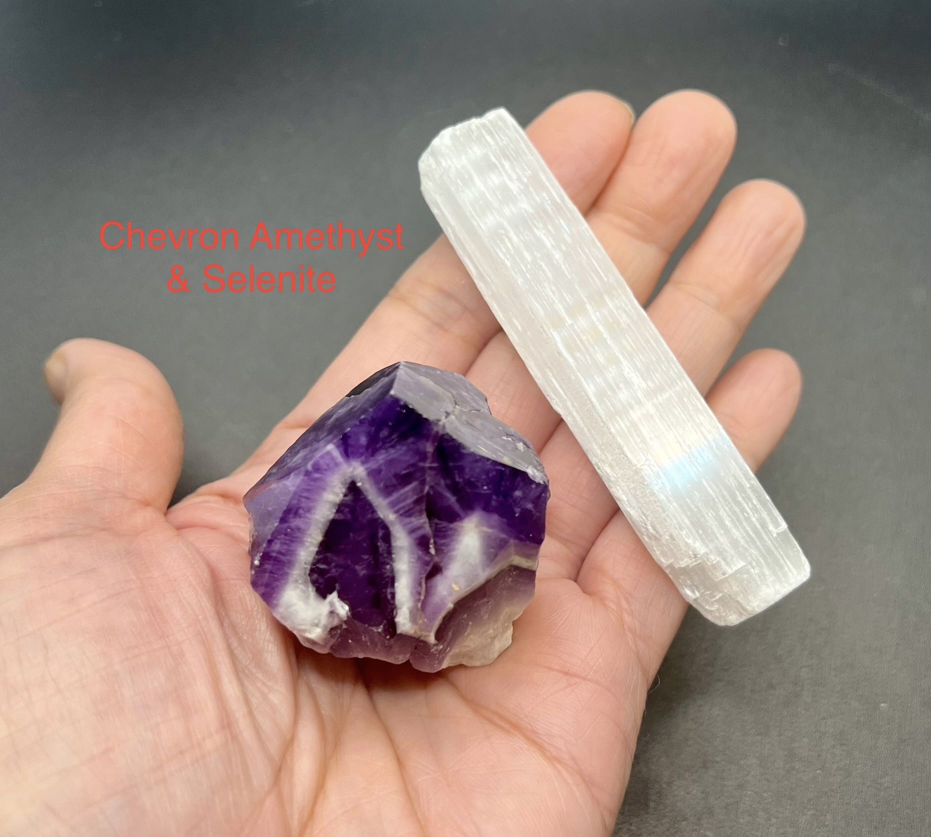 Amethyst Chevron Point from Brazil   & Selenite Stick Set