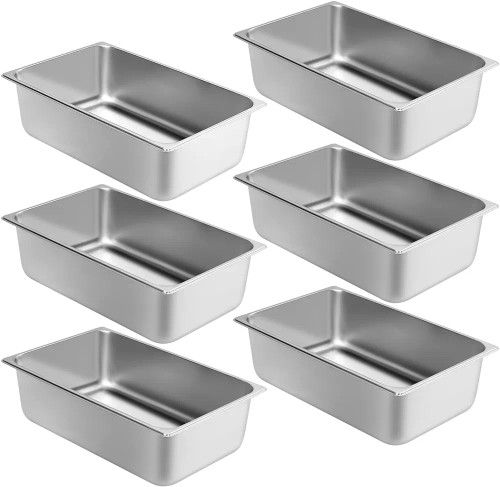 6 New Steam Table Pans, Full Size, 6" Deep, Stainless Steel, Standard Weight NSF