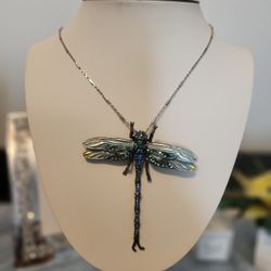 DRAGONFLY BLUE RHINESTONES BROOCH AND NECKLACE NWOT