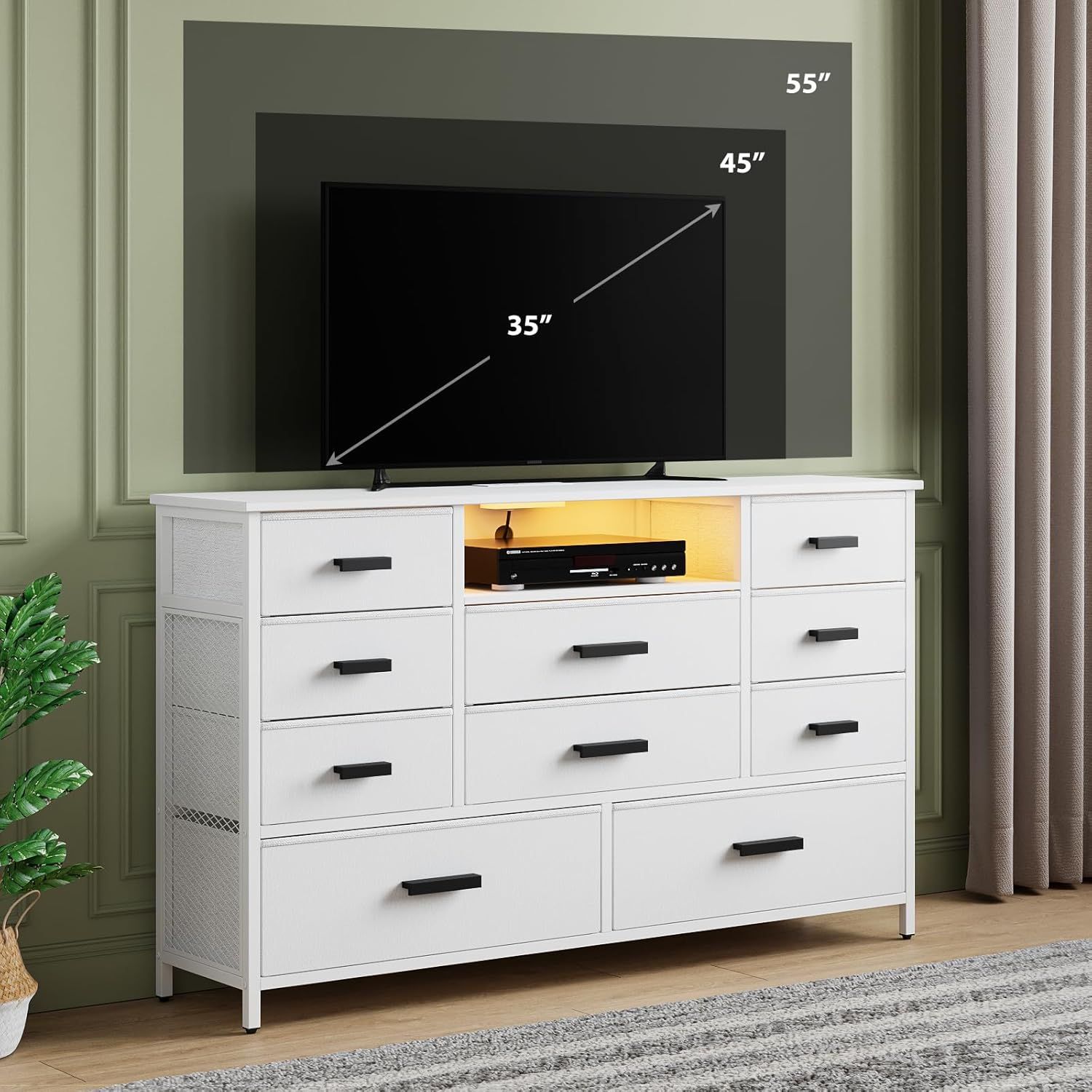 White Dresser for Bedroom with 10 Drawers, Dresser with Charging Station, TV Stand Dresser with LED Light for 55" TV, Fabric Drawer Dresser with PU Fi