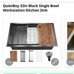 QuietBoy 32in Black Single Bowl Workstation Kitchen Sink