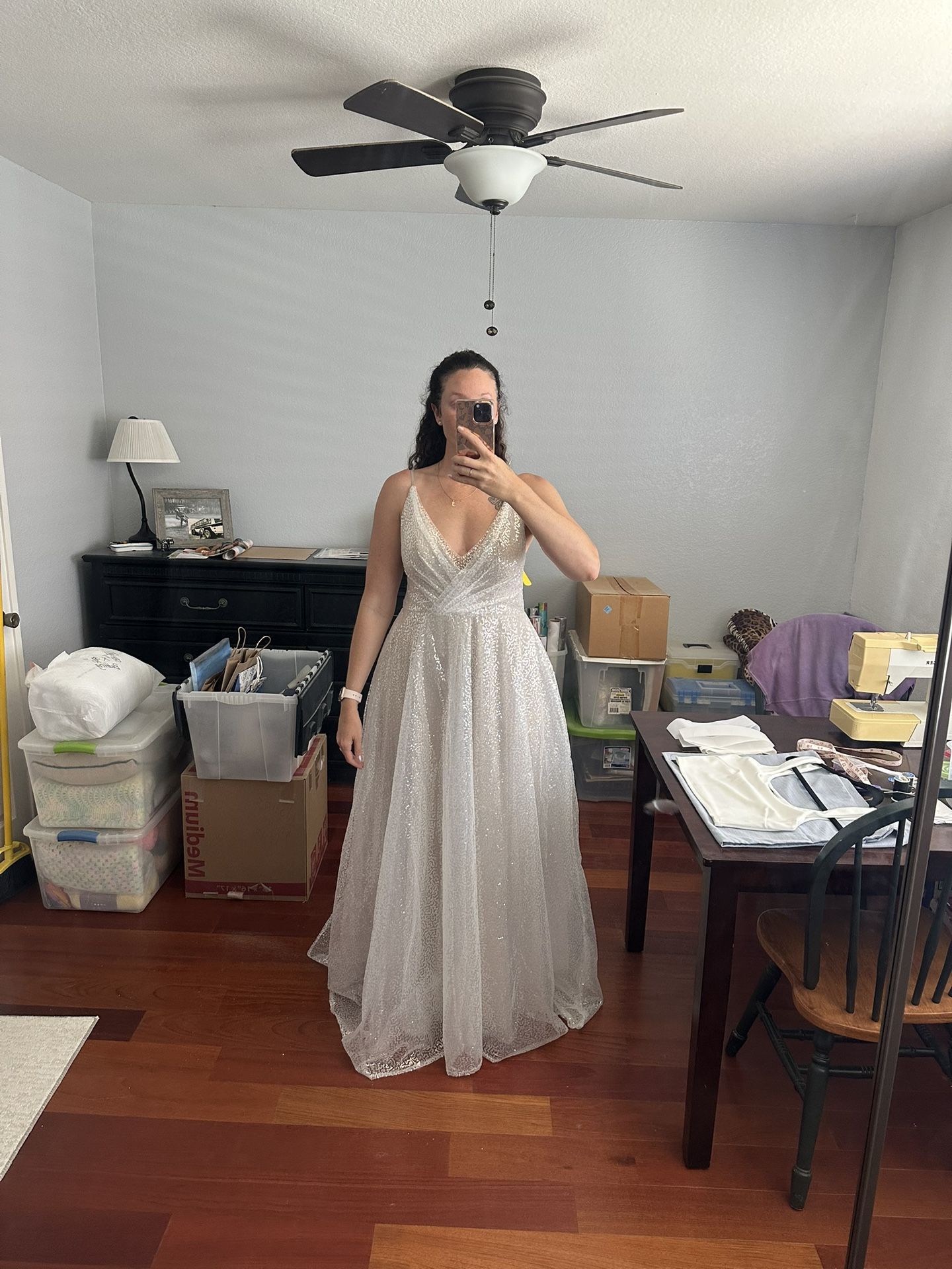 Bridal or Prom Dress, White-sparkle, A-line, SZ 16