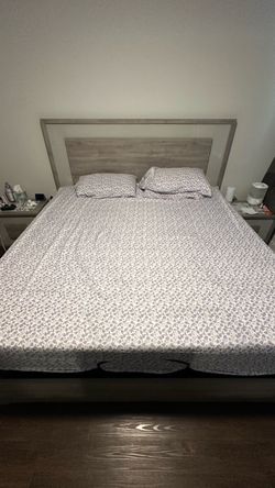 Modern Grey Wood Grain Bedroom Set - Bed Frame and 2 Nightstands