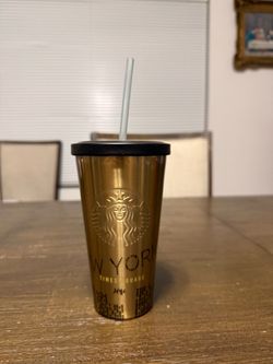 Starbucks New York Times Square Gold Stainless Steel Cold Cup with Straw