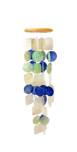Windchime 24" Capiz Shell's Seashells Blue Green White Bamboo Wood Indoor Outdoor