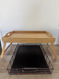 Bamboo Folding Bed Tray and Metal Serving Tray Set