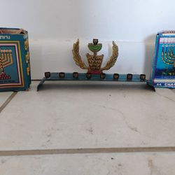 9"x3.5" steel Menorah (blue) from Israel+2 boxes of Hanukkah candles.