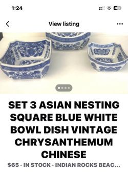 SET 3 ASIAN NESTING SQUARE BLUE WHITE BOWL DISH VINTAGE CHRYSANTHEMUM CHINESE $65 • IN STOCK • INDIAN ROCKS BEAC...