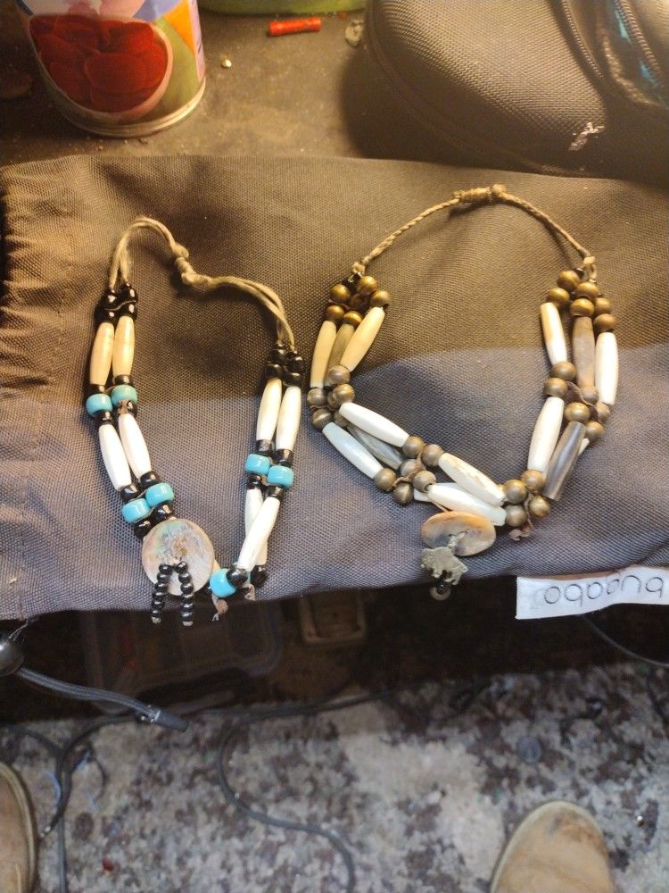 Two Ahthentic Indian Horse Hair Buffalo Bone Necklace