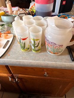 Blakely Oil & Gas Arizona Frosted Glass Pitcher & Cups