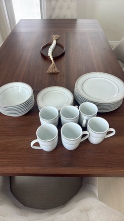 White Porcelain Dinnerware Set with Silver Trim