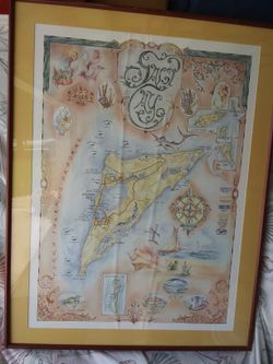 Framed Art. Salt Bay At Turks Island Passage.  Interesting  Detailed Map Poster Under Glass & Custom Matted. 35" X 27". Wire Hanged 