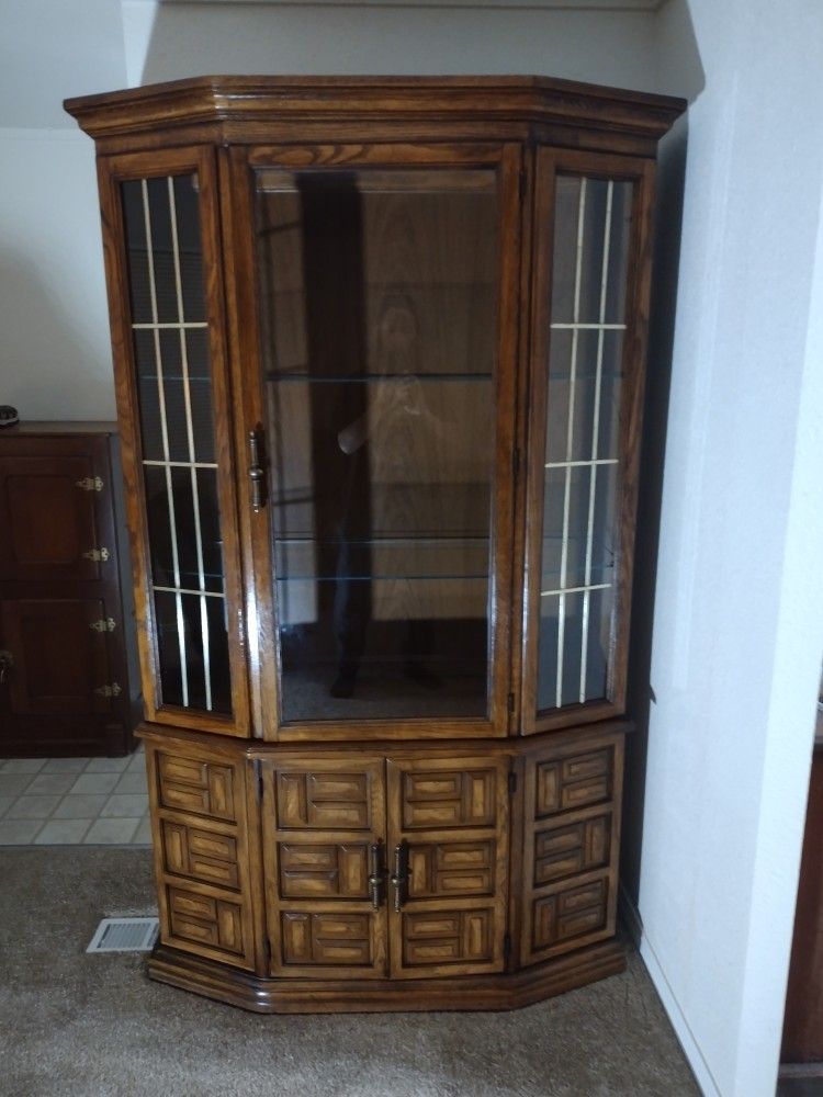 Vintage Glass & Wood Two Shelf Hutch
with Silverware Drawer & Lower Storage