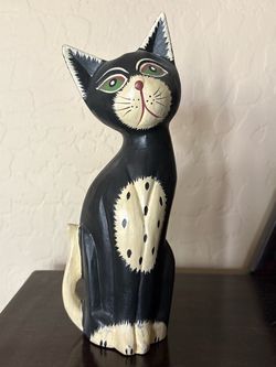 Vintage Handmade Wooden Tuxedo Cat Figure